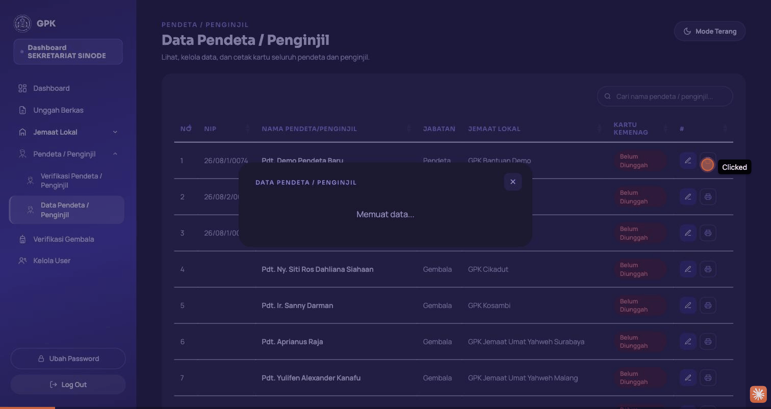 Rekaman layar membuka menu Data Pendeta / Penginjil, mengedit tempat lahir, lalu menyimpan