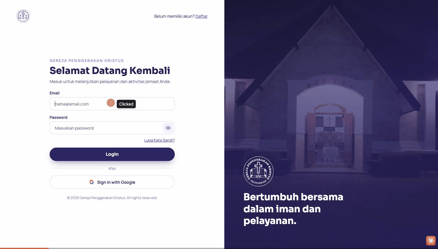 Rekaman layar alur login: isi email & password, lalu diarahkan ke dashboard