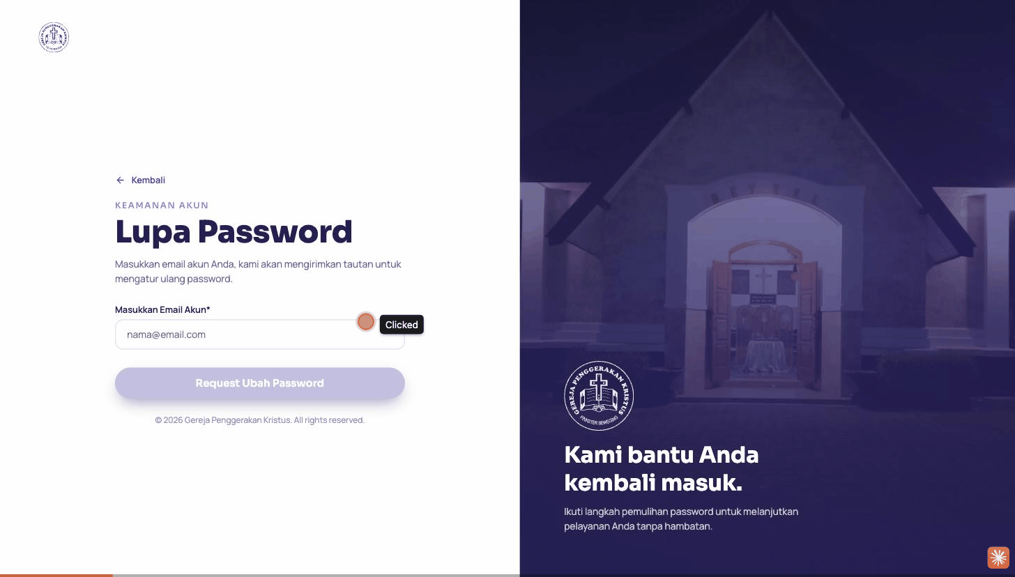 Rekaman layar alur lupa password: isi email, lalu tautan reset terkirim