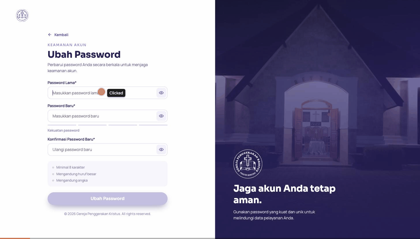 Rekaman layar alur mengubah password di menu Ubah Password
