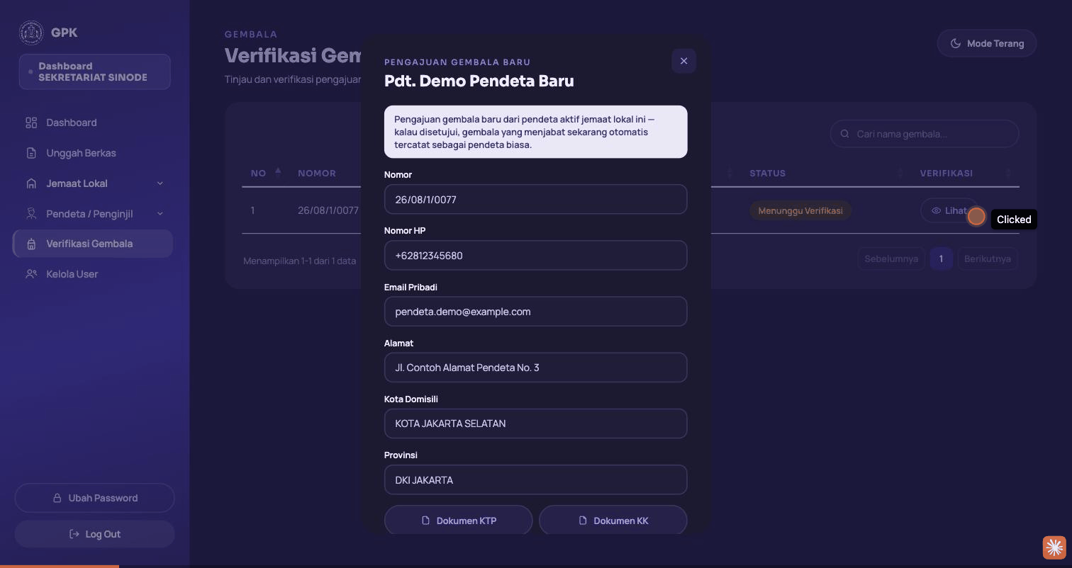 Rekaman layar membuka menu Verifikasi Gembala, melihat detail pengajuan promosi, lalu menyetujui