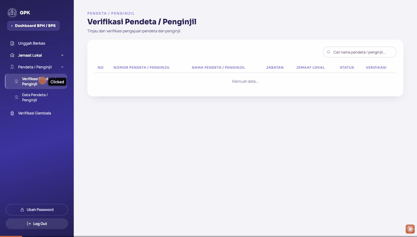 Rekaman layar menyetujui pengajuan di Verifikasi Pendeta/Penginjil, lalu di Verifikasi Gembala