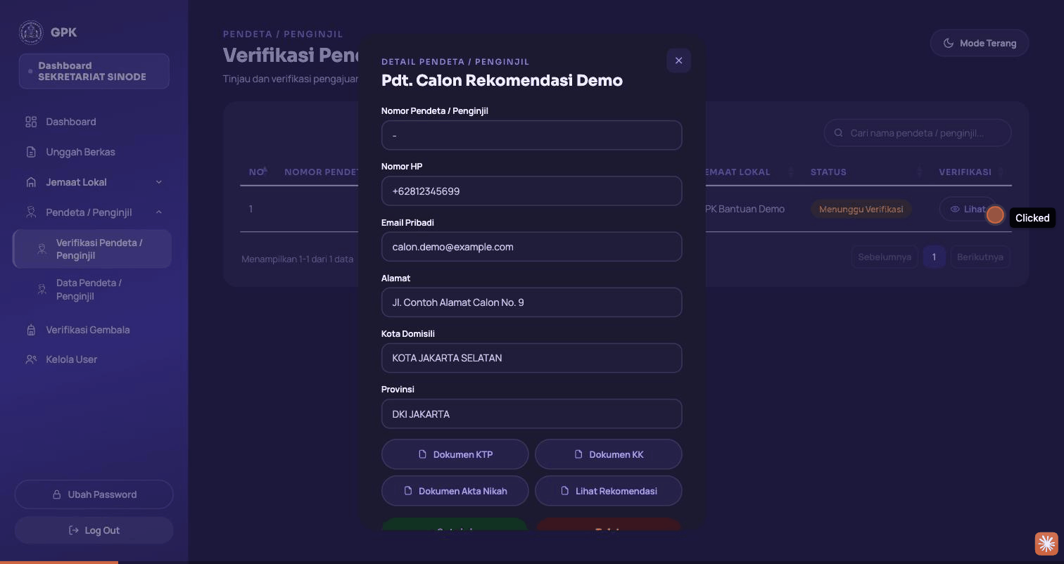 Rekaman layar membuka menu Verifikasi Pendeta / Penginjil, melihat detail pengajuan, lalu menyetujui